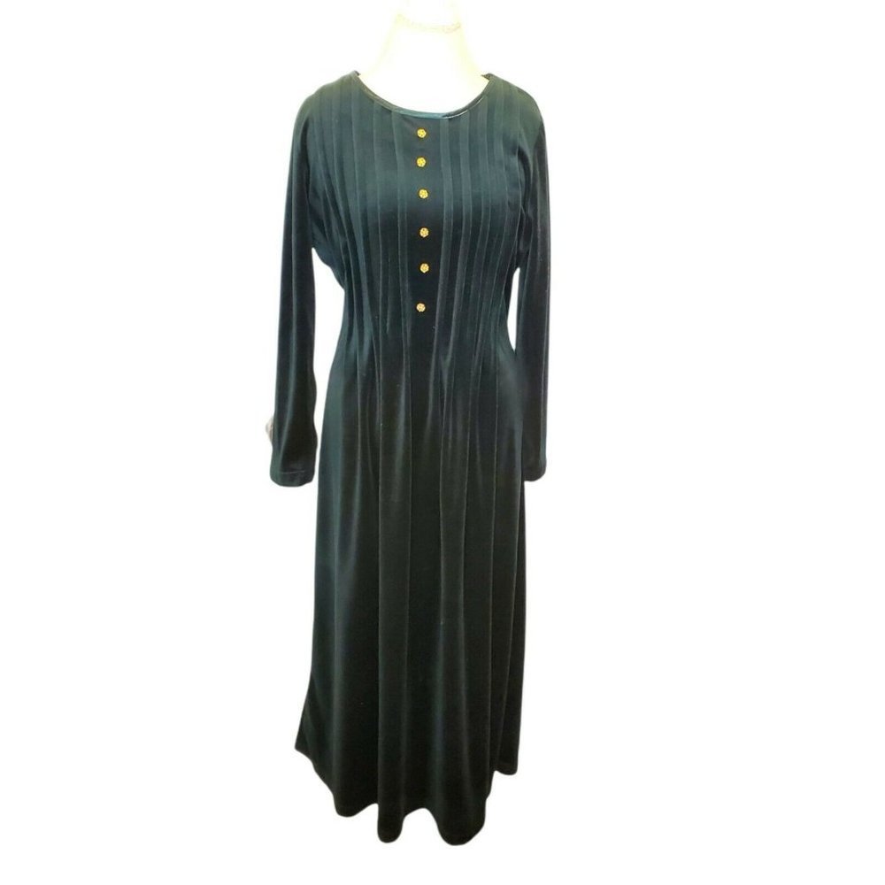 Vintage 90s Grunge Dark Green Velvet Modest Maxi Dress Longsleeve USA Sz M/L